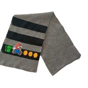 Super Mario Winter Scarf Black Grey Striped Embroidered 59" Juvenile Gamer Gift